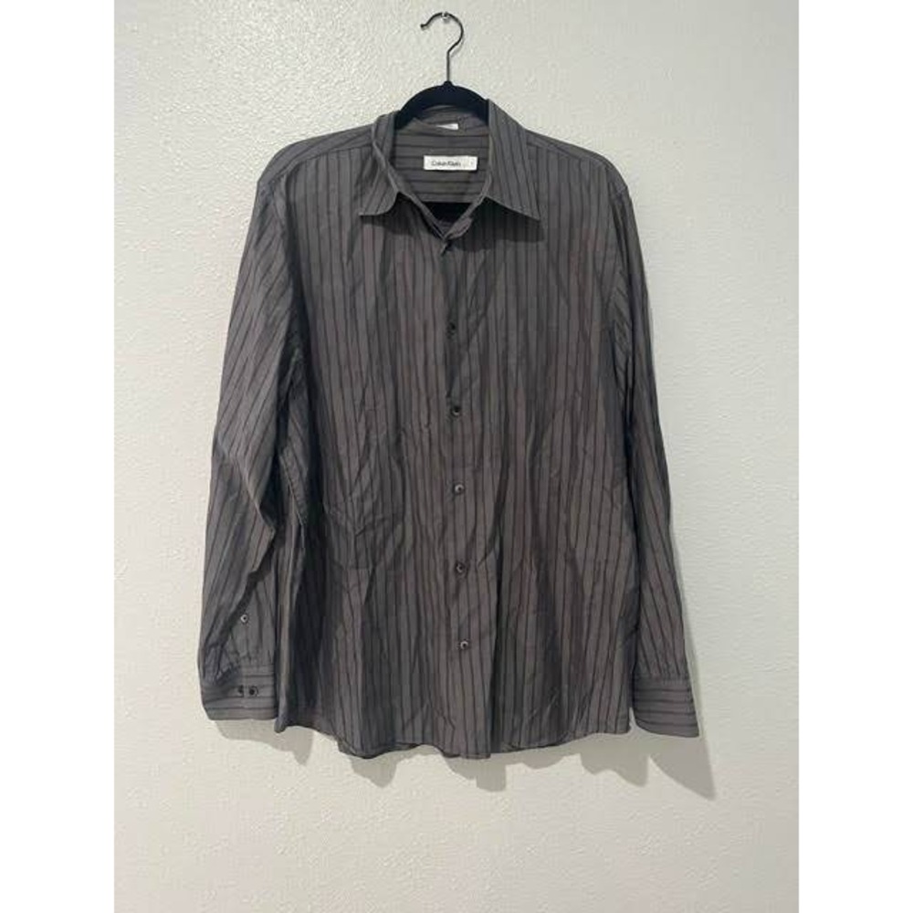 Calvin Klein Mens Large Gray Striped Long Sleeve Button Down 100% Cotton Shirt